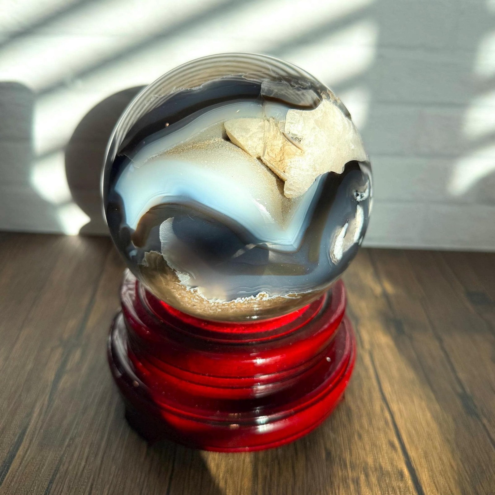 Volcano Agate Crystal Sphere • 4.5” Natural Banded Agate Ball with Quartz Caver
