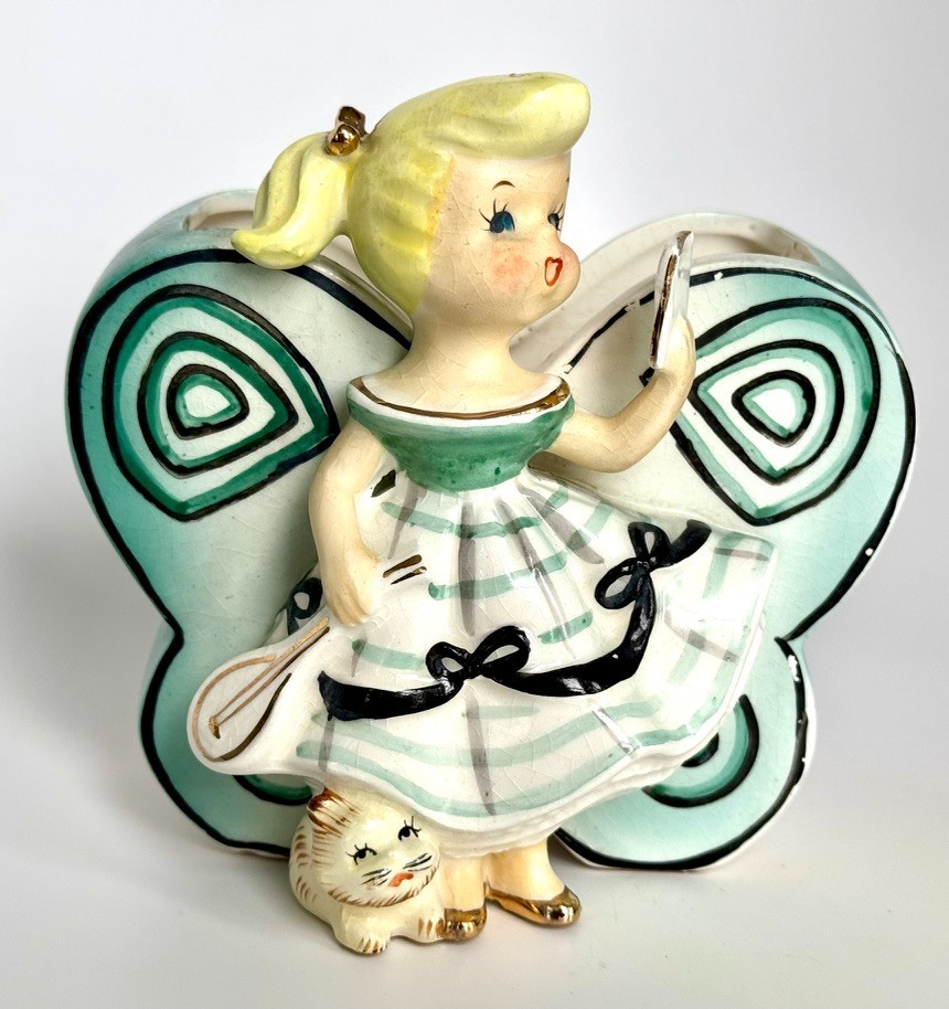 Vintage Consco Marilyn Exclusive Green/ Teal Butterfly Planter Girl and Kitten