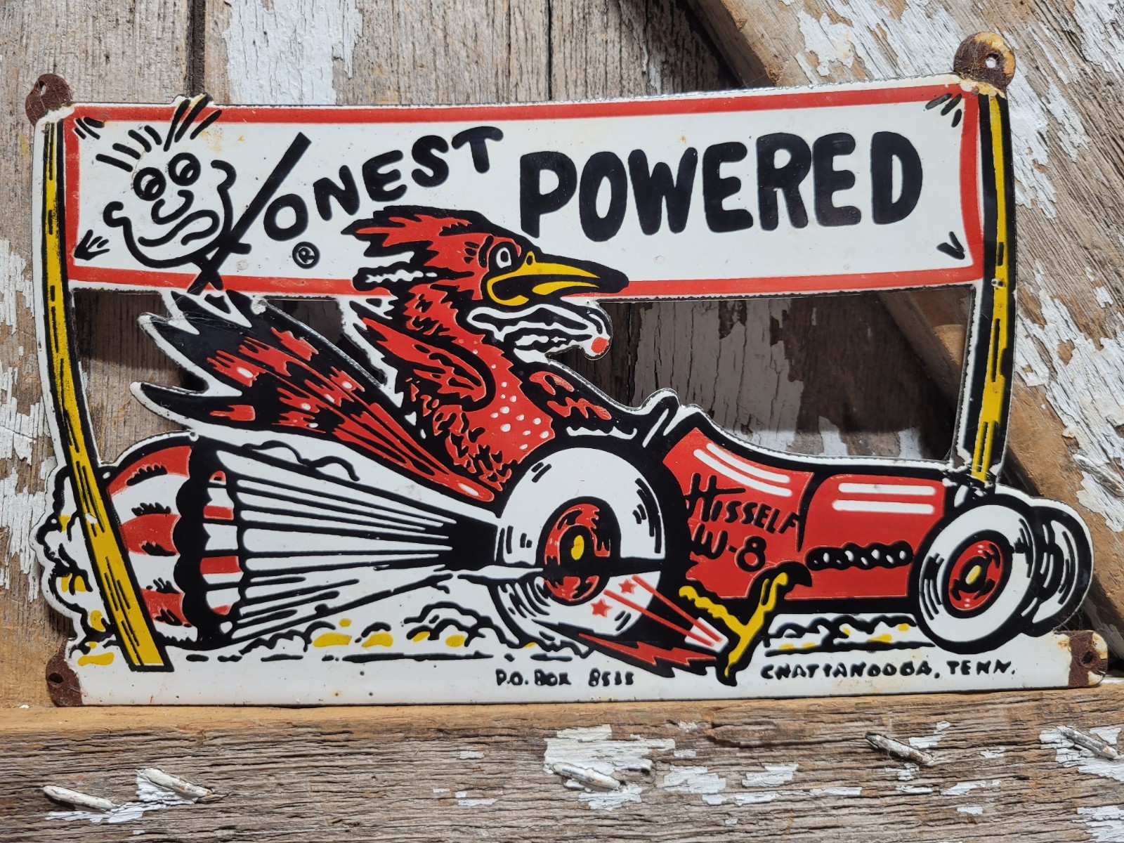 VINTAGE HONEST POWERED PORCELAIN SIGN RARE OLD HISSELF HOTROD RACE CAR PARTS 12\