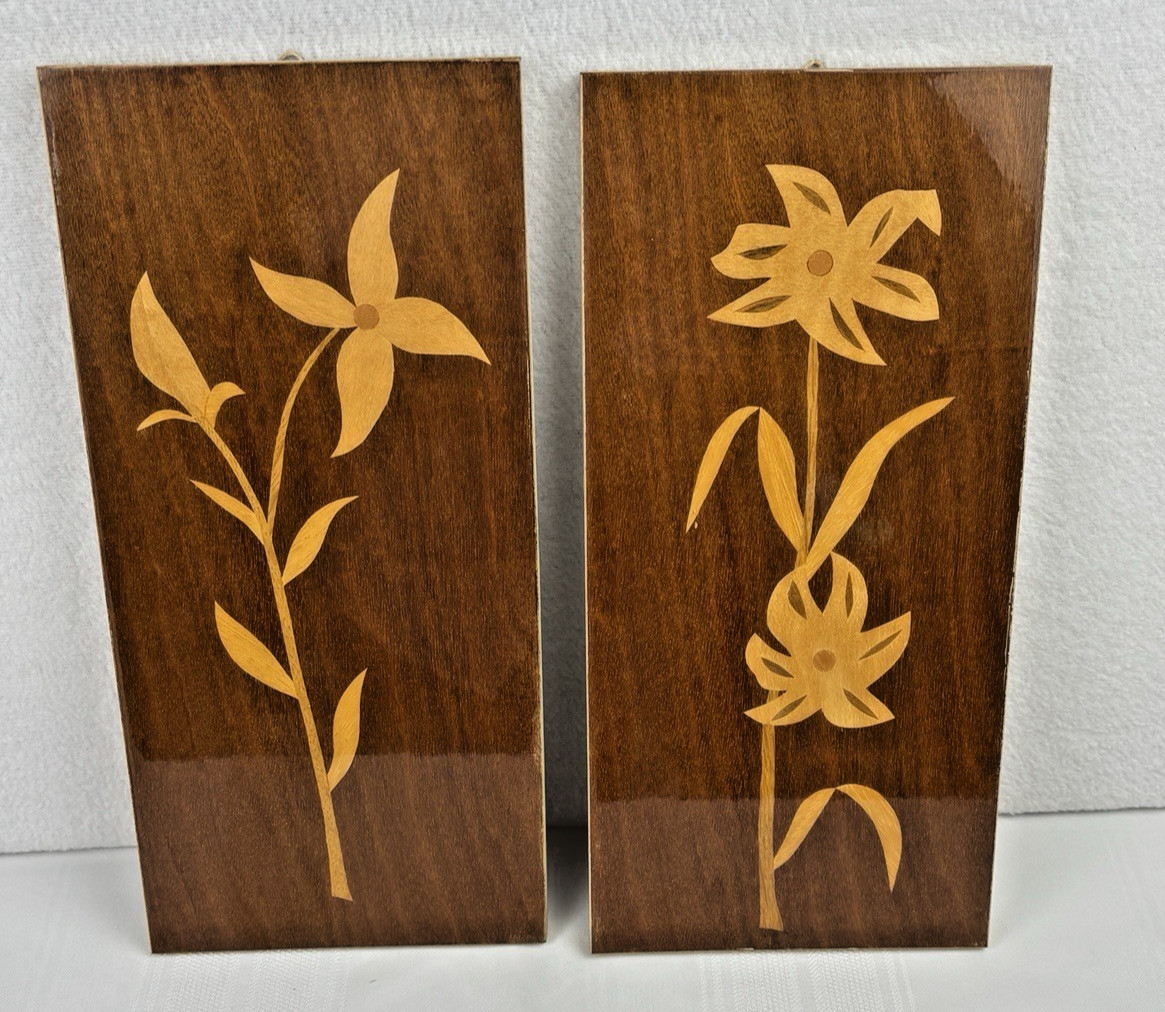 Marquetry Wood Inlay Floral Pictures Set of 2