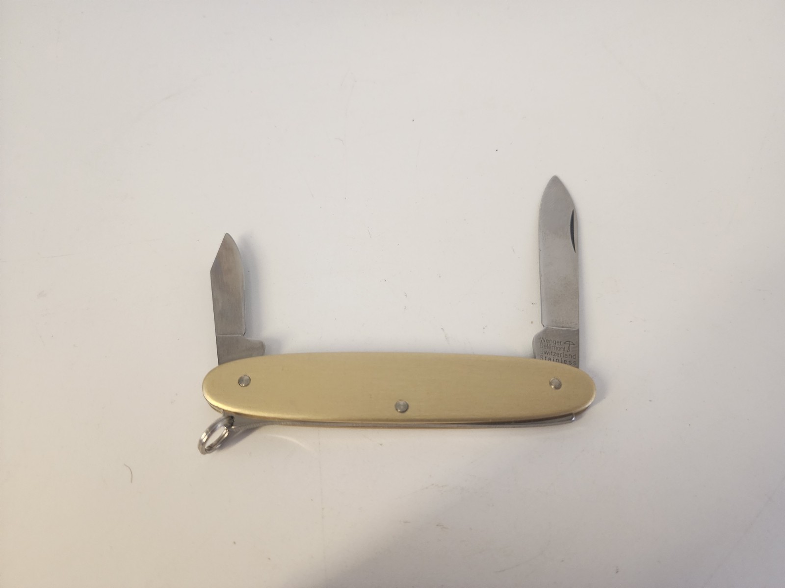 Vintage Wenger Delemont Gold Tone 2 Blade Folding Pocket Knife W/ Key Ring Rare