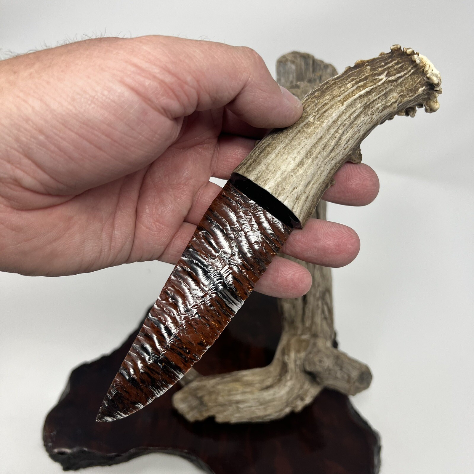 Beautiful Obsidian Mule Deer Antler Knife Display 10/10 Flaking Flint Knapping