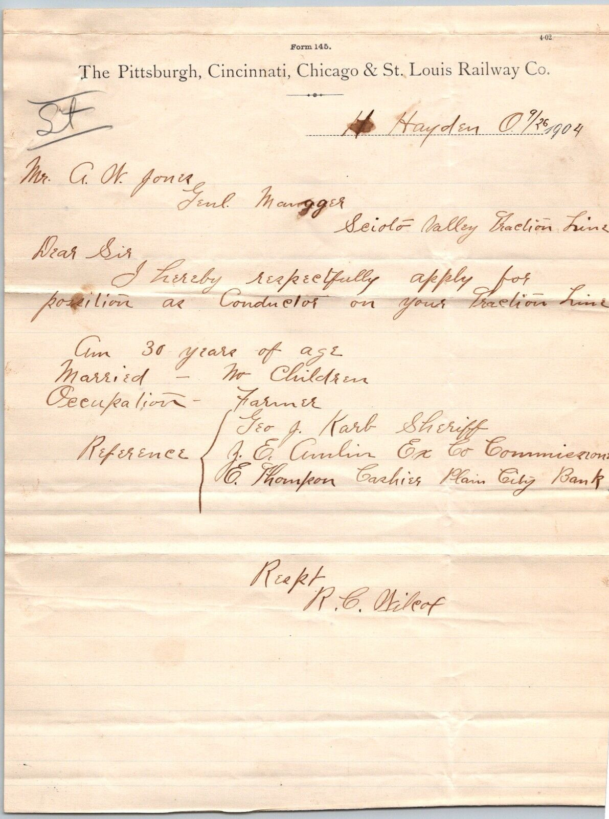 1904 Pittsburgh Cincinnati Chicago & St Louis Railway Conductor Job Application