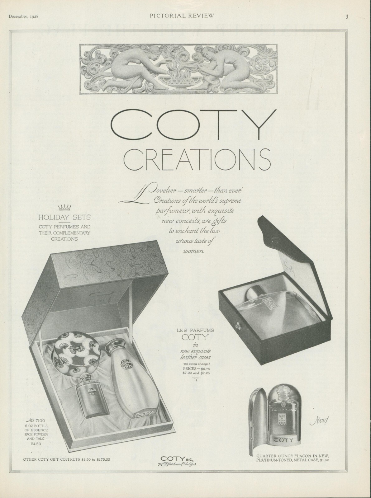 1928 Coty Creations Holiday Sets Face Powder Talc Flacon Les Parfums Ad PR8