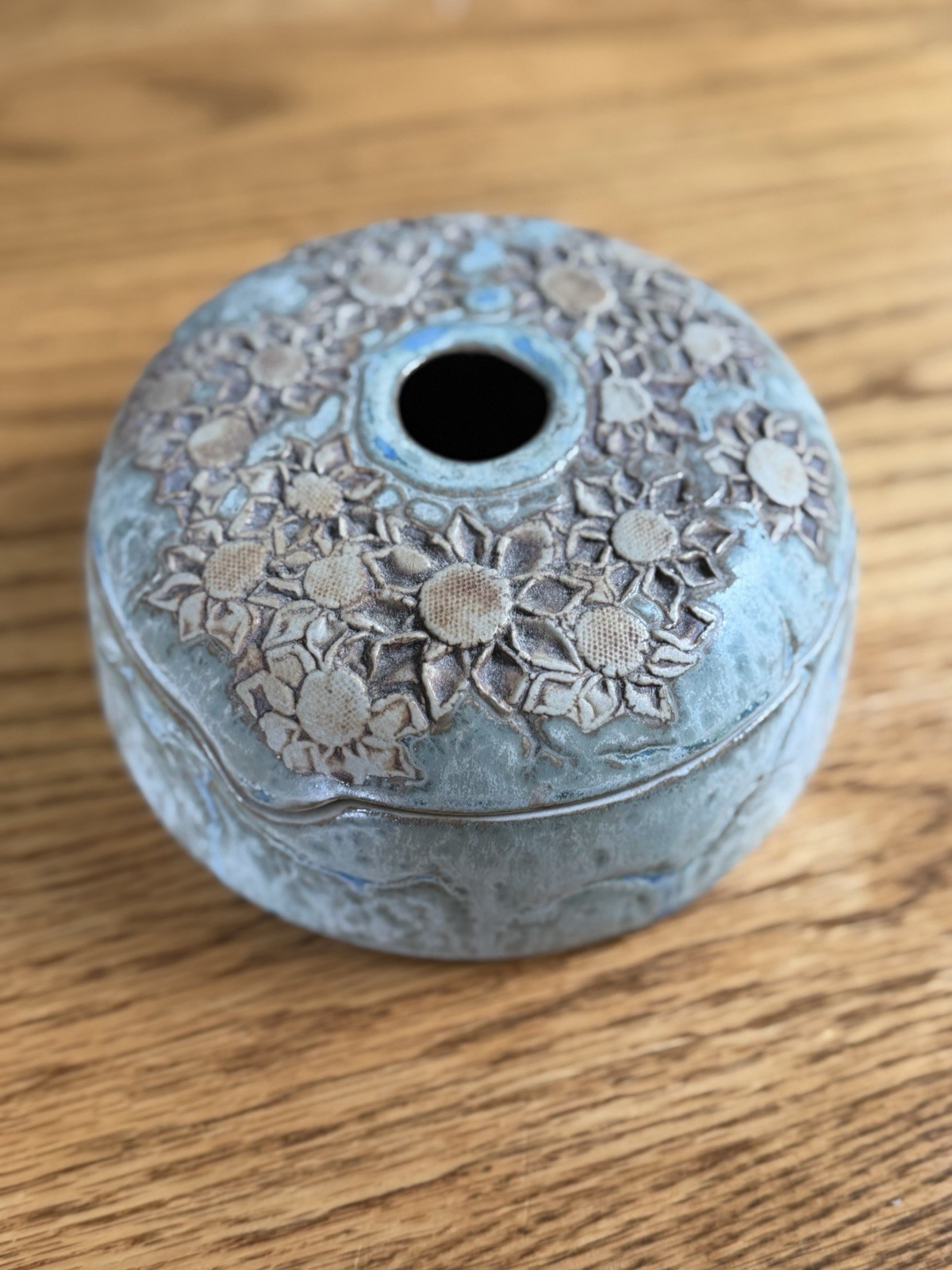 Vintage Tenmoku Pottery Sunflower Lidded Jar TM163G Malaysia Studio Art
