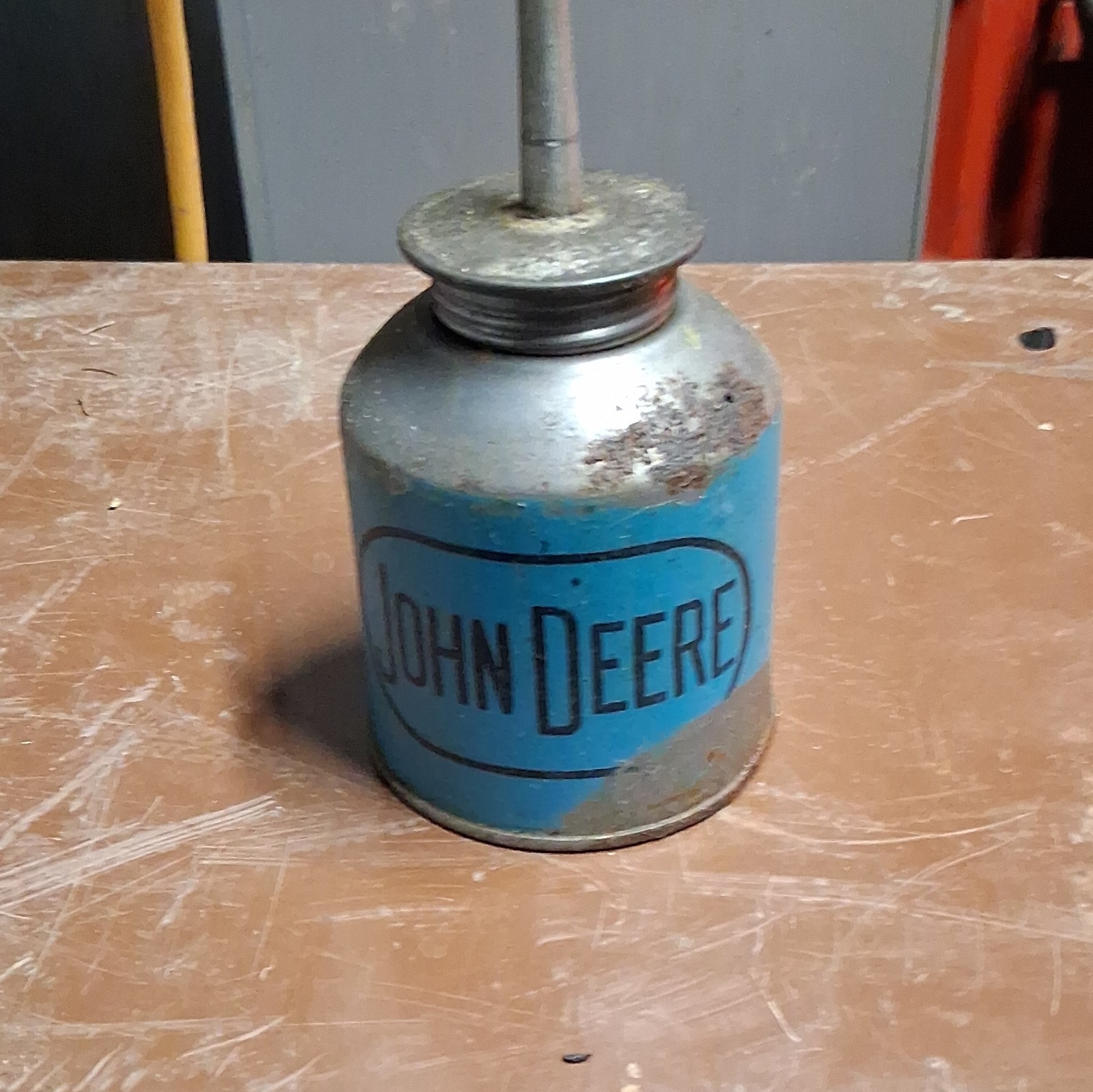 Vintage Blue John Deere Tractor Tin Oil Can Thumb Squirt Oiler Blue Paint