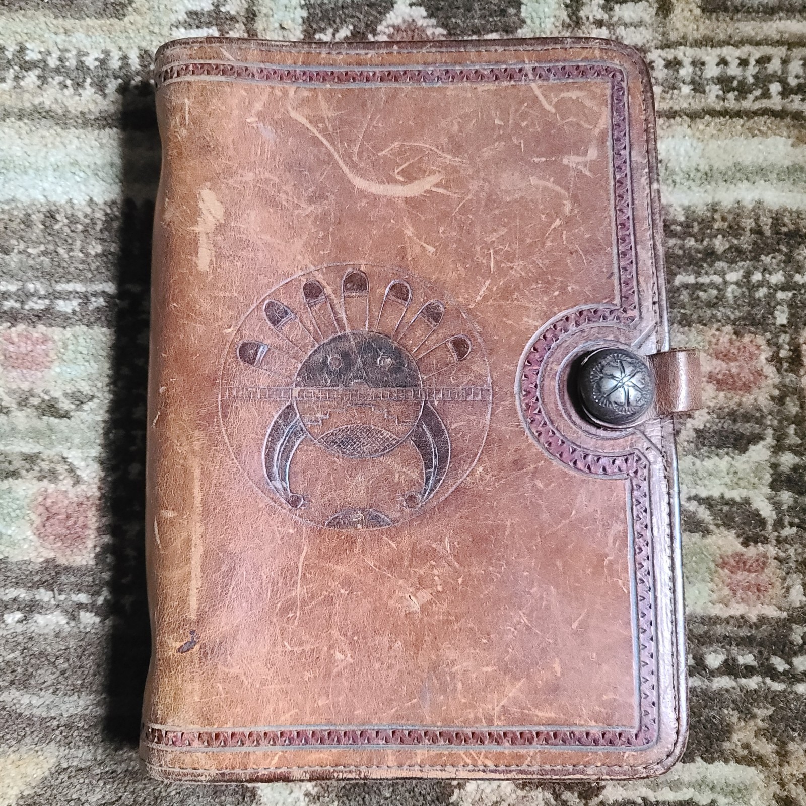 VTG Native American Zuni Sunface Leather Address Book Cover Sterling Concho Snap