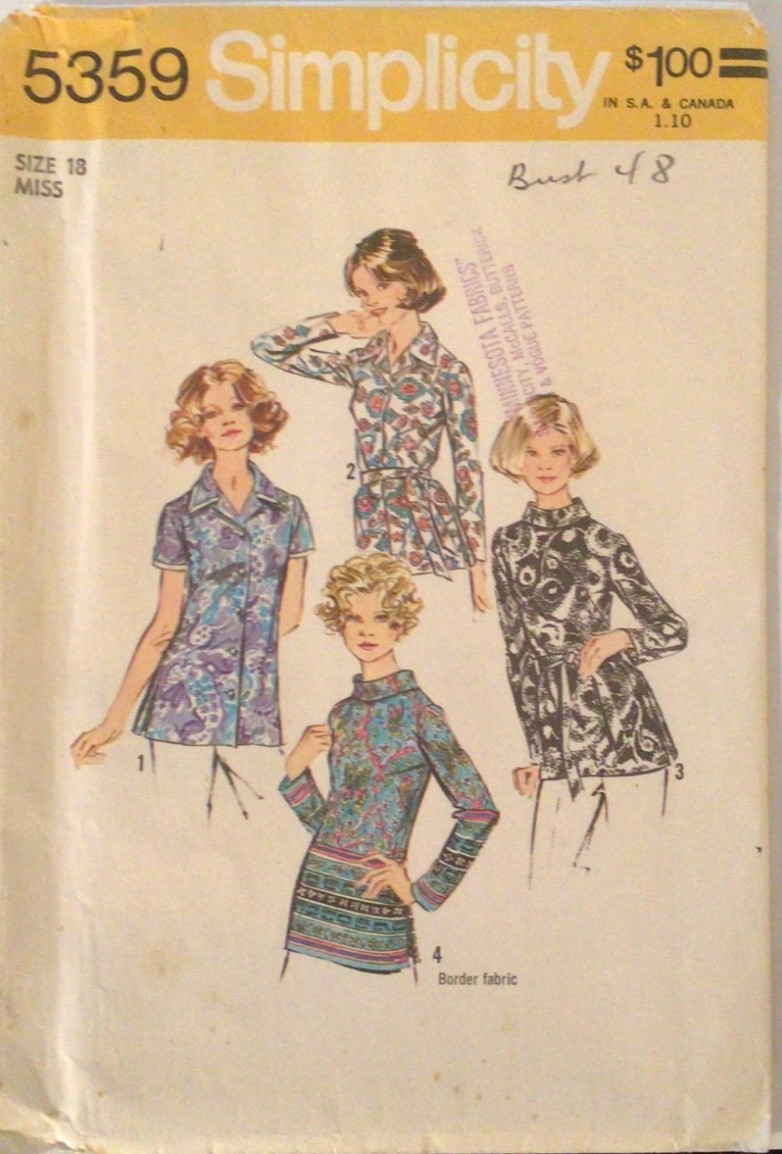SIMPLICITY 5359 MISSES SIZE 18 BLOUSES SEWING PATTERN ©1972 CUT