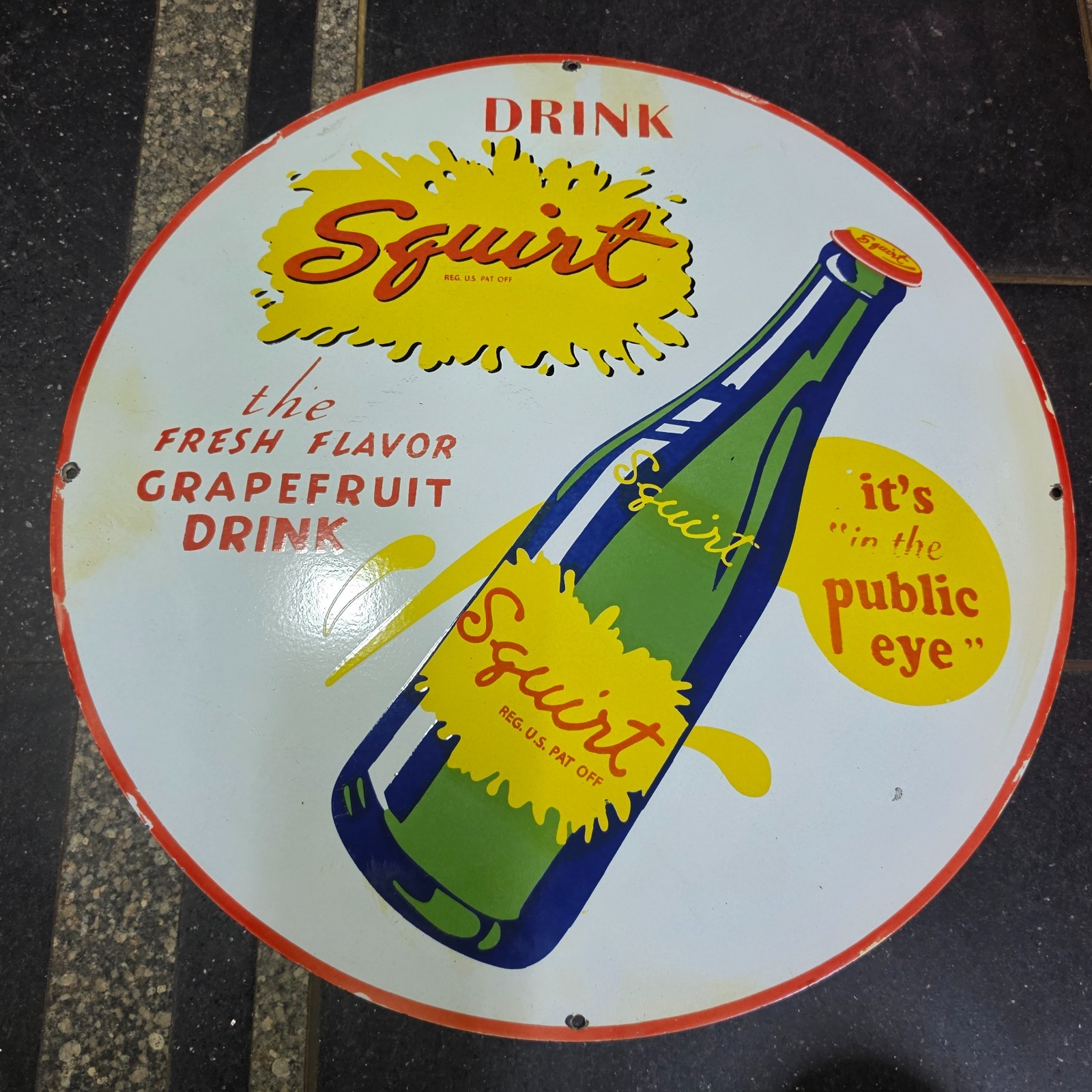 DRINK SQUIRT PORCELAIN ENAMEL SIGN 29 X 29 INCHES