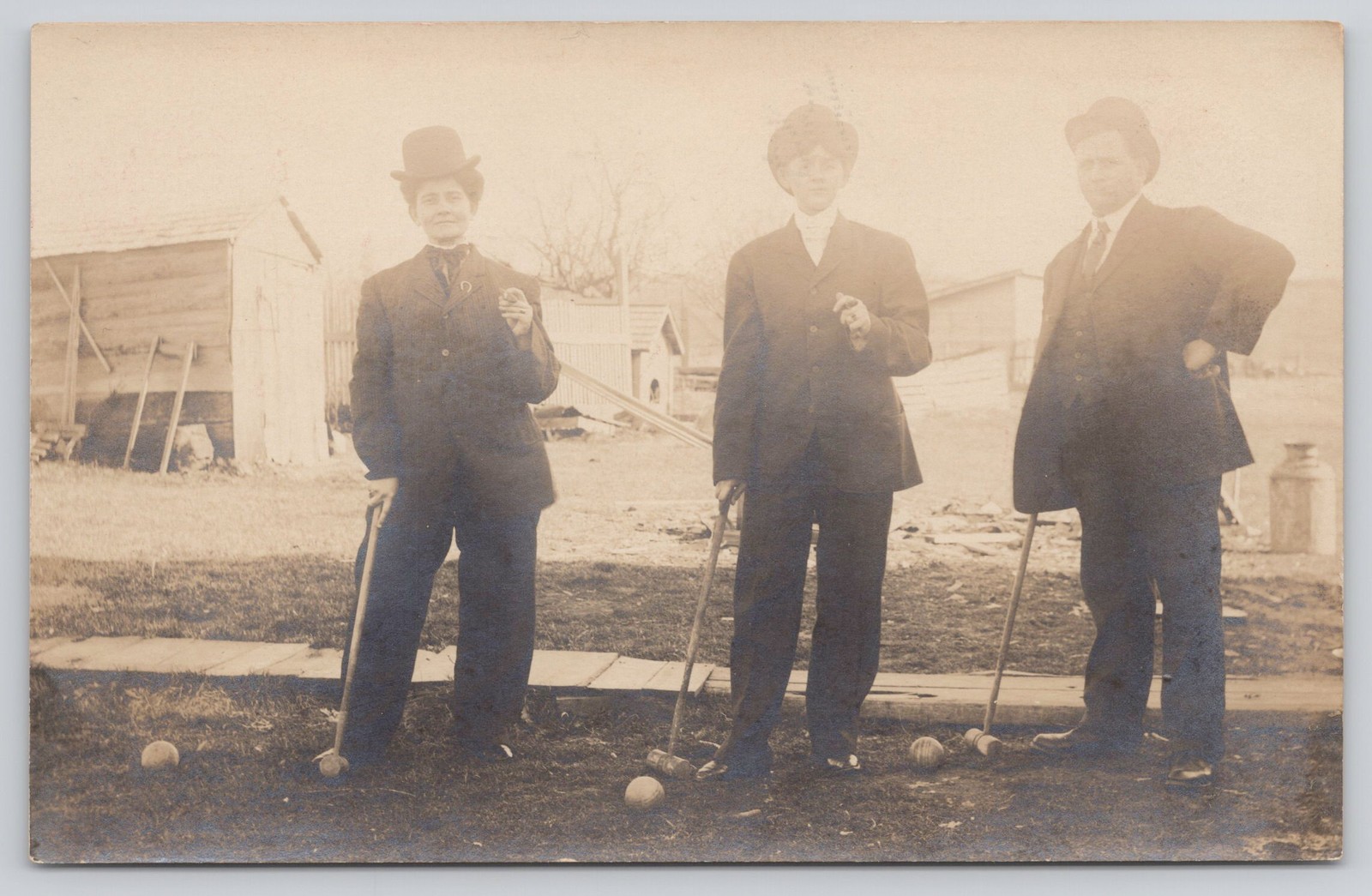 RPPC c1910 Two Women in Men's Suits Cigars Croquet Group Novelty Real Photo
