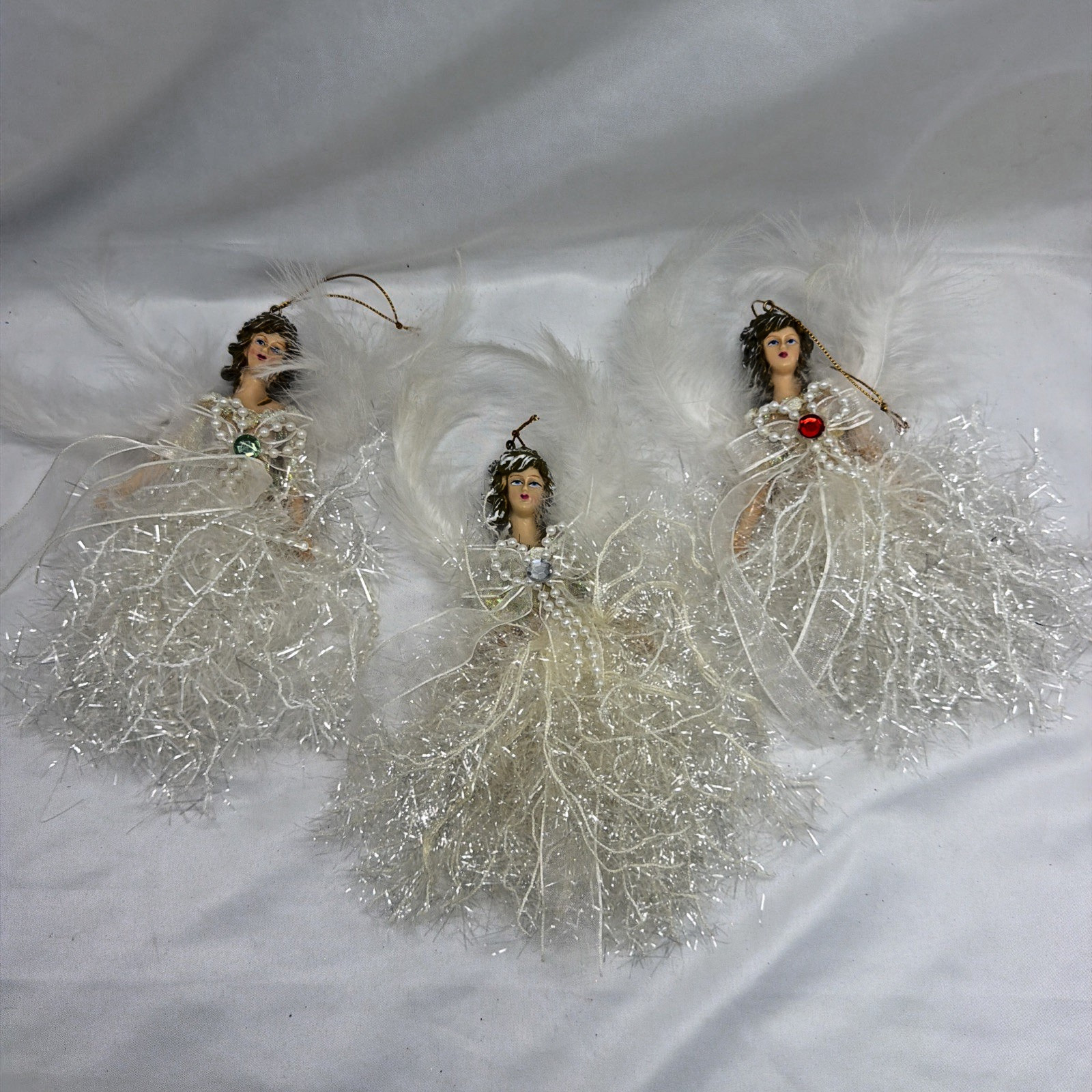 3 Vintage Sparkling White Christmas Angel Ornaments Feather Wings Tinsel Gown