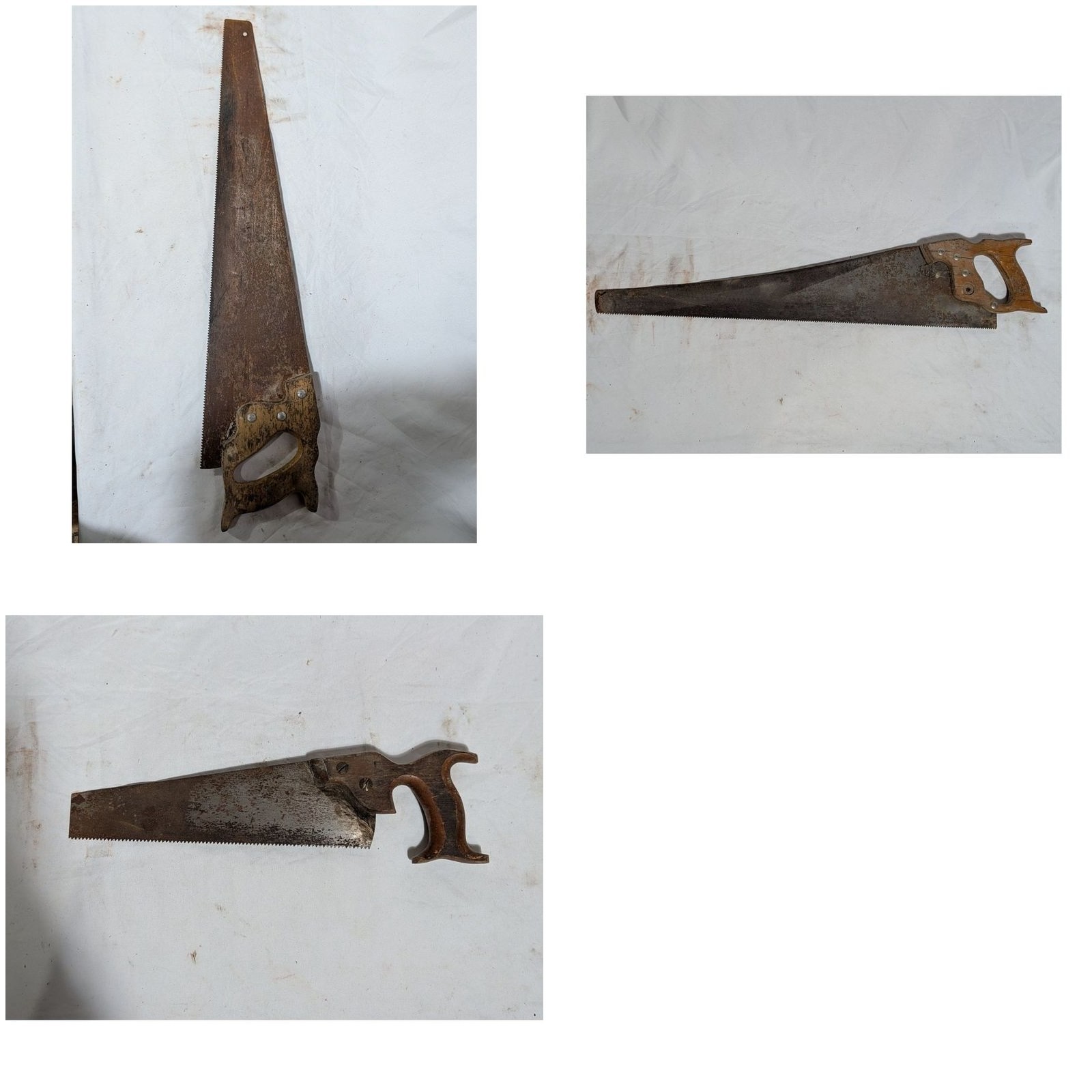 Lot of 4 Vintage Antique Hand Saws 26 in Blade Crosscut Carved Wood Handle Tote