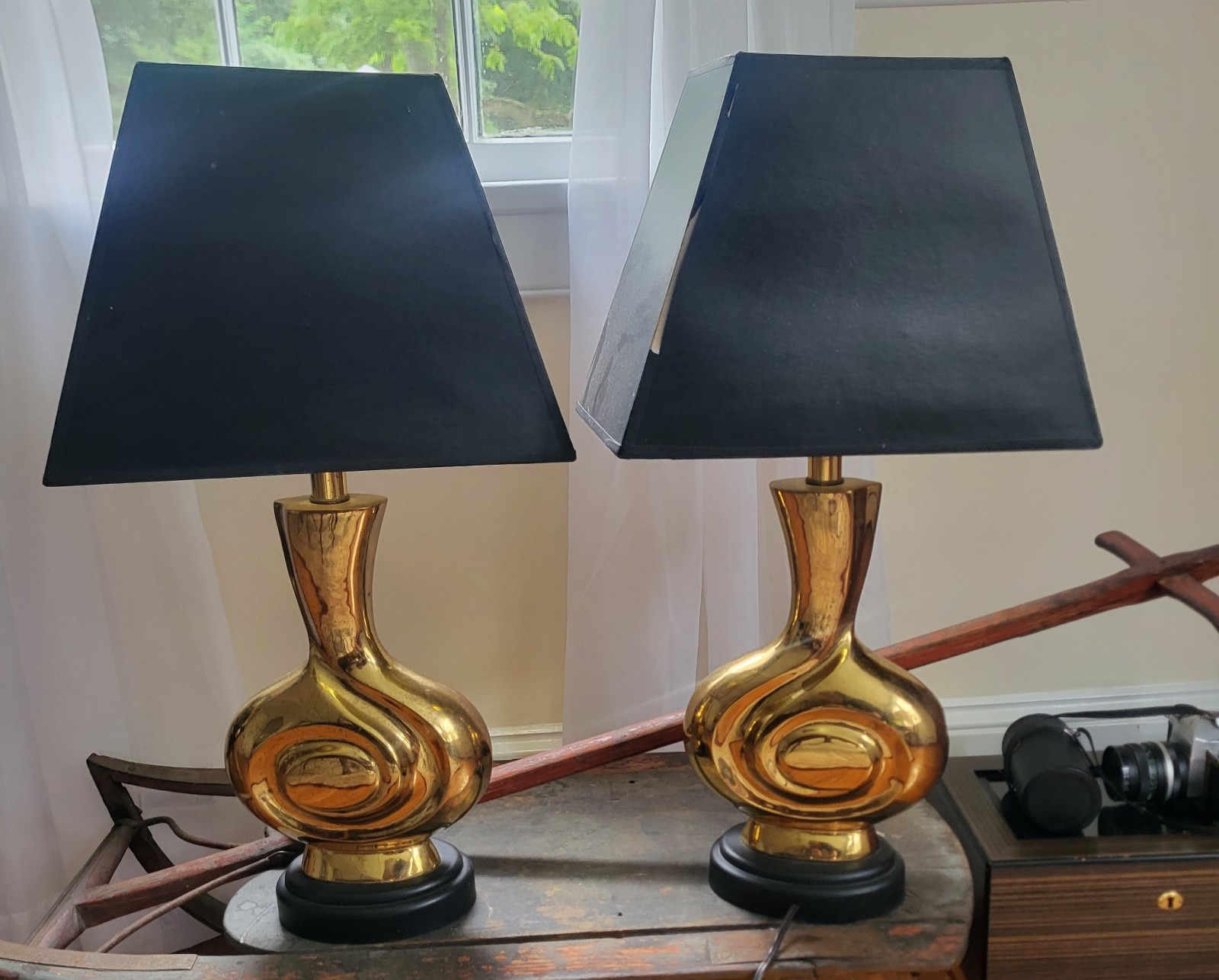 Pr Vintage 70s Italian Solid Brass Lamps 3-Way High Society Pierre Cardin Style