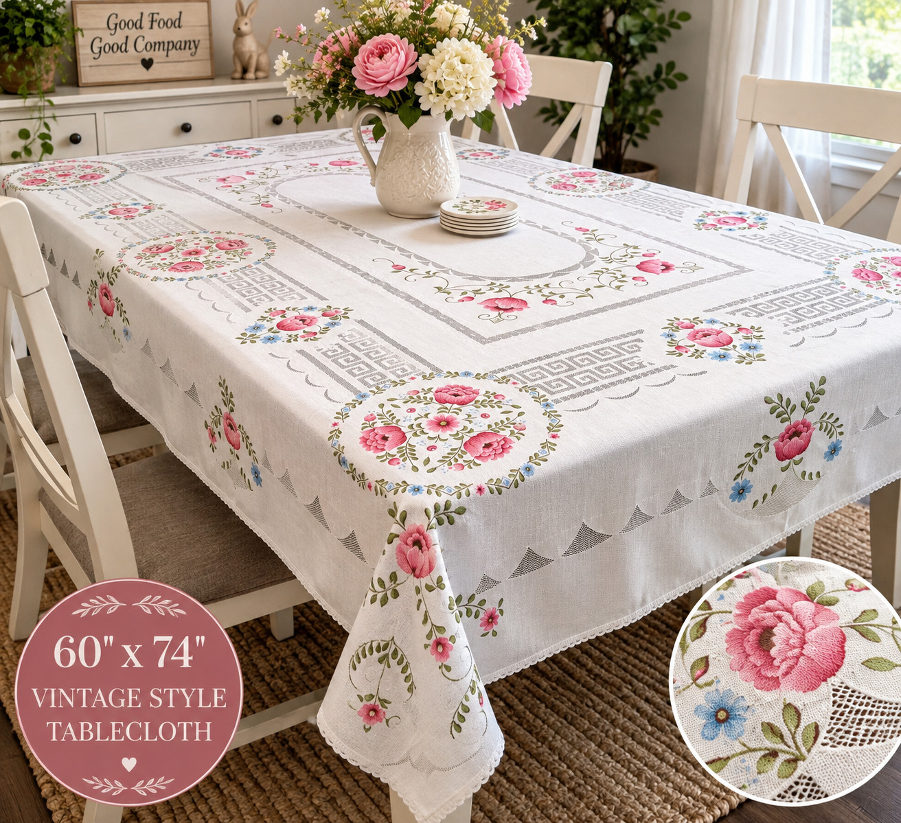 Vintage Style Floral Tablecloth 60x74 Pink Blue Roses Openwork Cottagecore