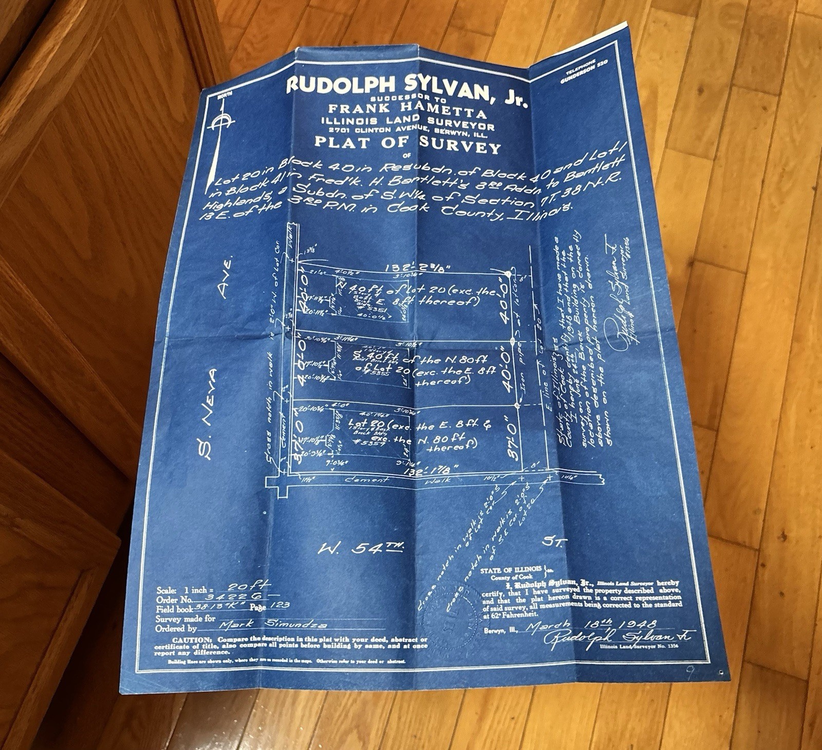 Rudolph Sylvan Plat Of Survey 1940s Illinois Historical Document 