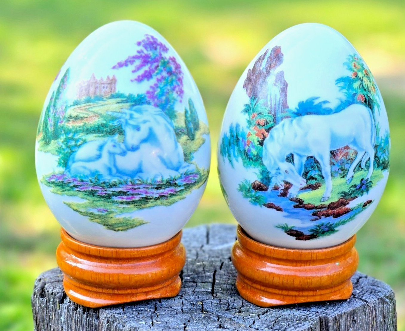 Vintage Princeton Gallery Unicorn egg set 1993 Handcrafted w/ Stands Faberge egg