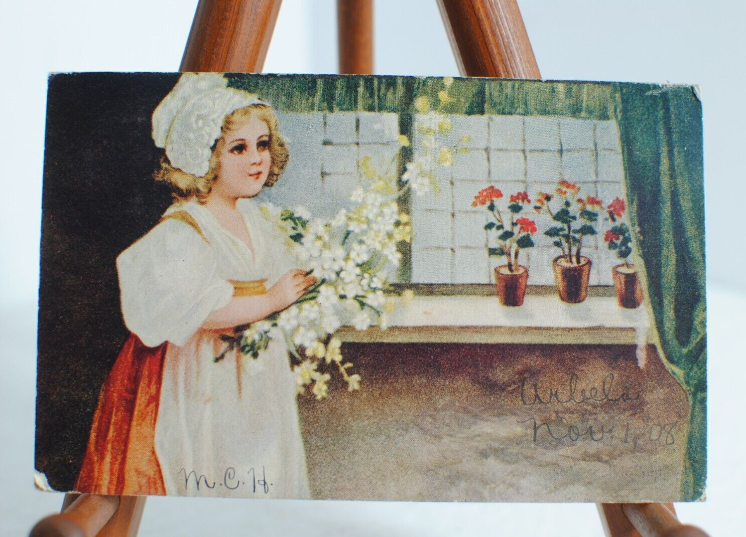 Antique 1908 Postcard Dutch Girl with Flowers Posted One Cent Stamp