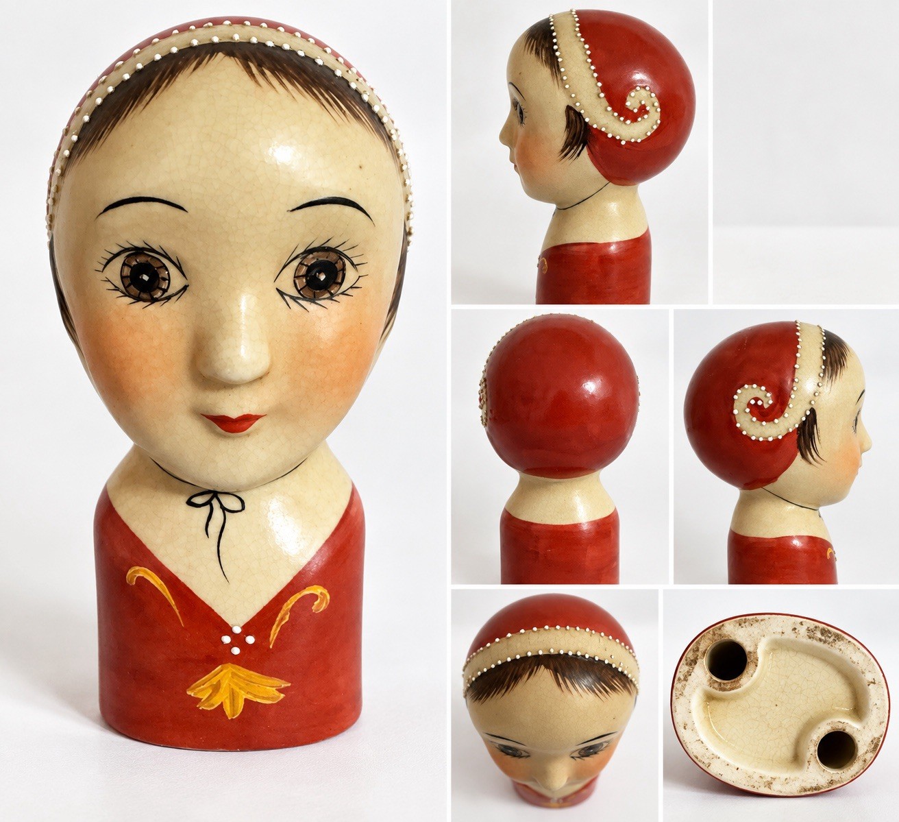 Vintage Art Deco Flapper Girl Ceramic Head Figurine Red Cloche Hat Hand 6”