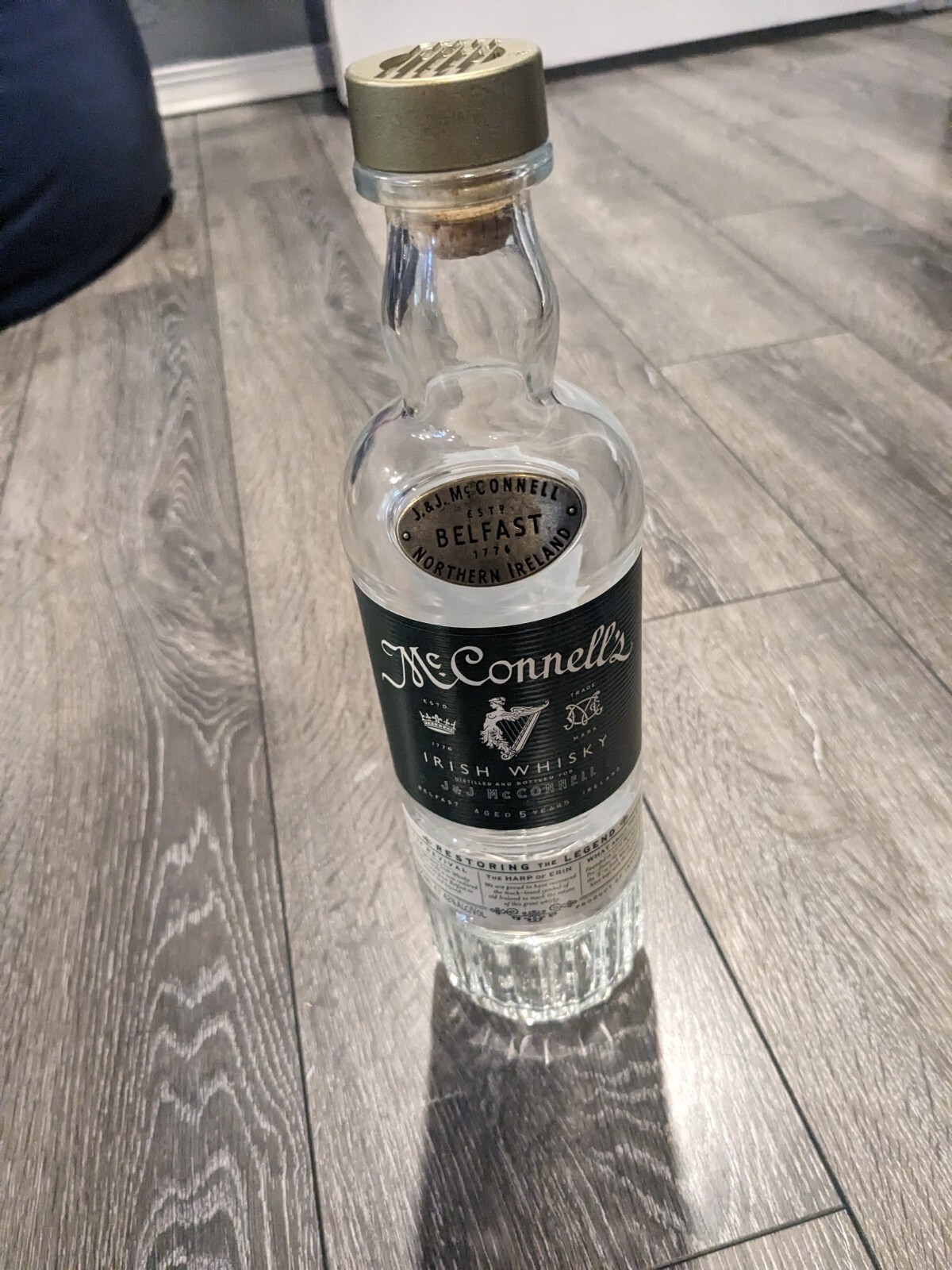 McConnell's Irish Whiskey 5-Year-Old 750 mL Clear Empty Cork Top Bottle