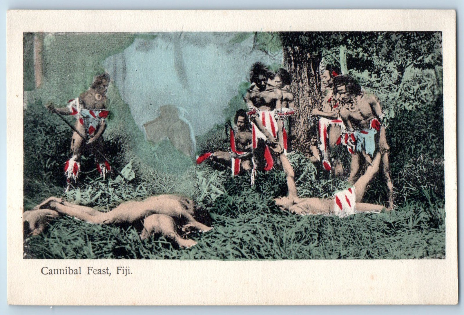 Fiji Postcard Scene of Tribal Man in the Forest Cannibal Feast c1910 Antique