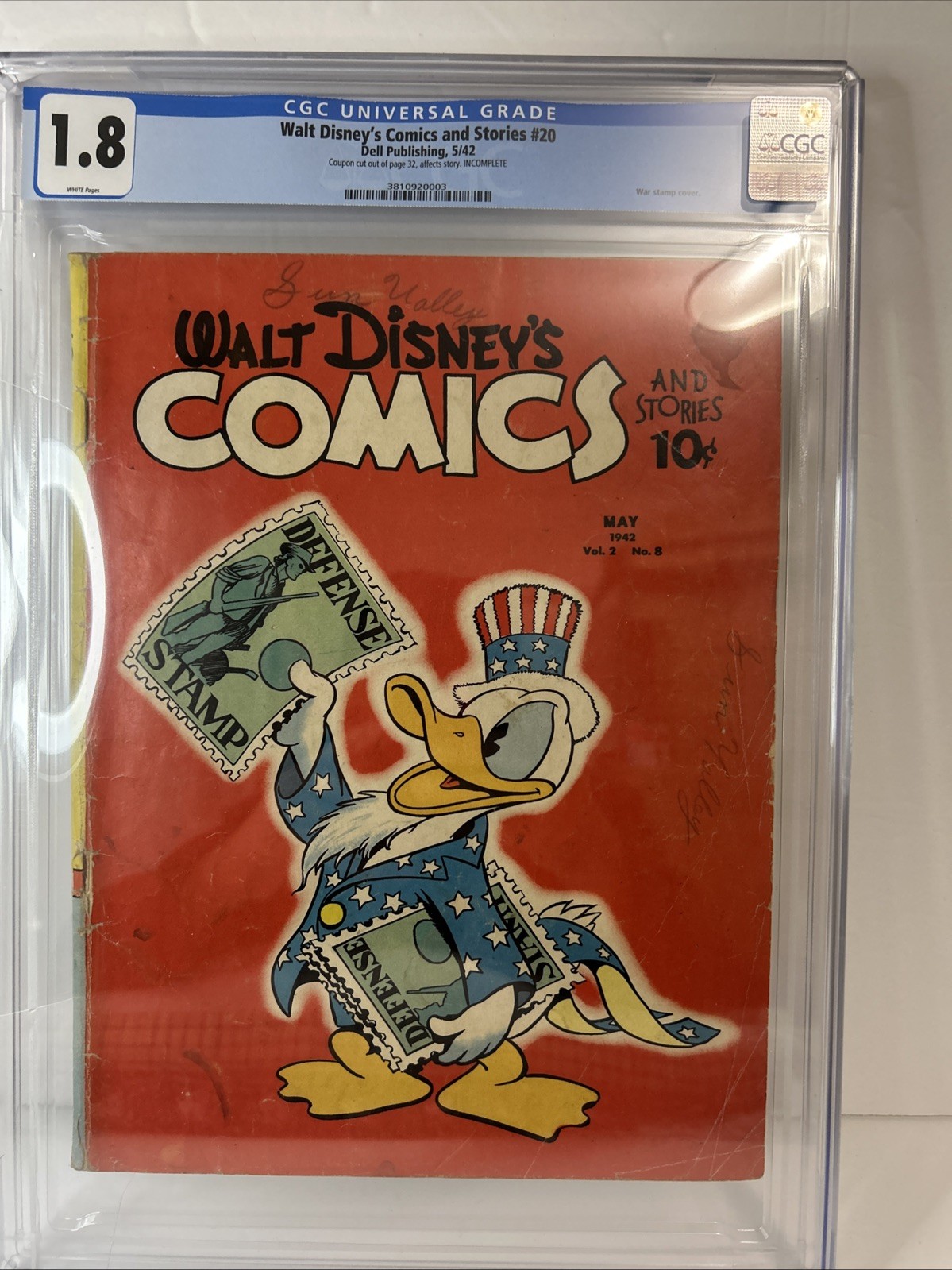 Walt Disney\'s Comics and Stories # 20, World War II Donald War Stamps 1942 CGC
