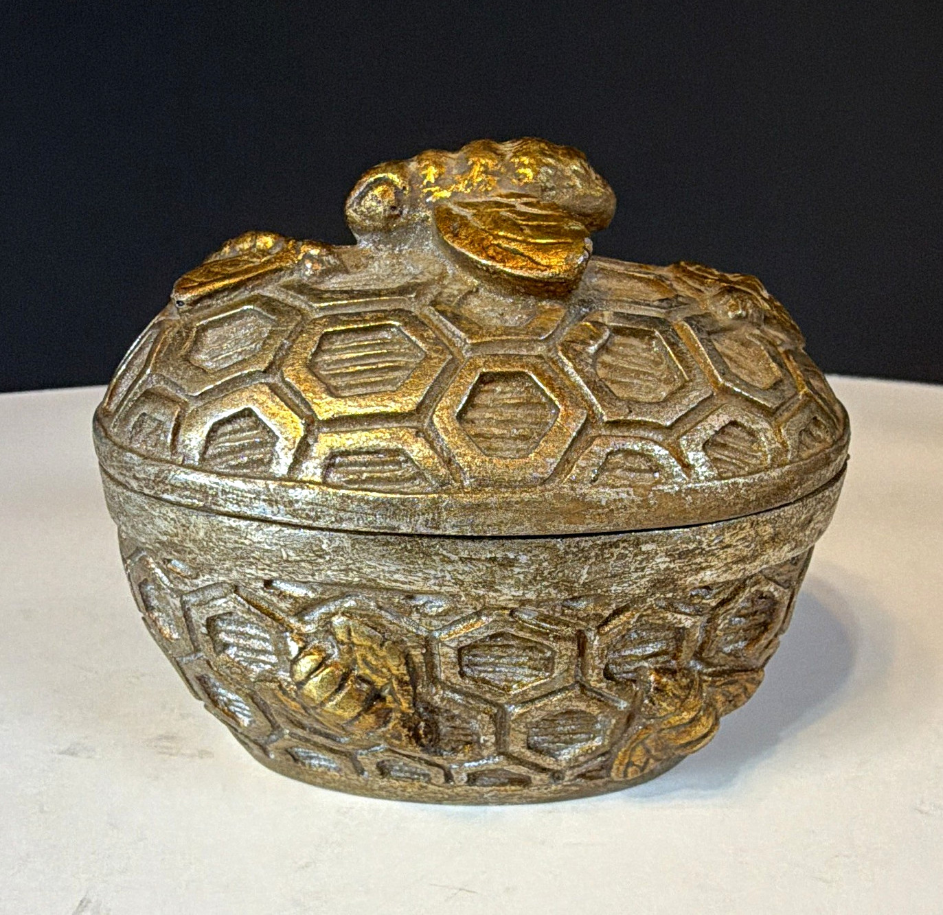 Gold & Silver Tone Bee Honeycomb Lidded Oval Trinket Box Made in Philippines