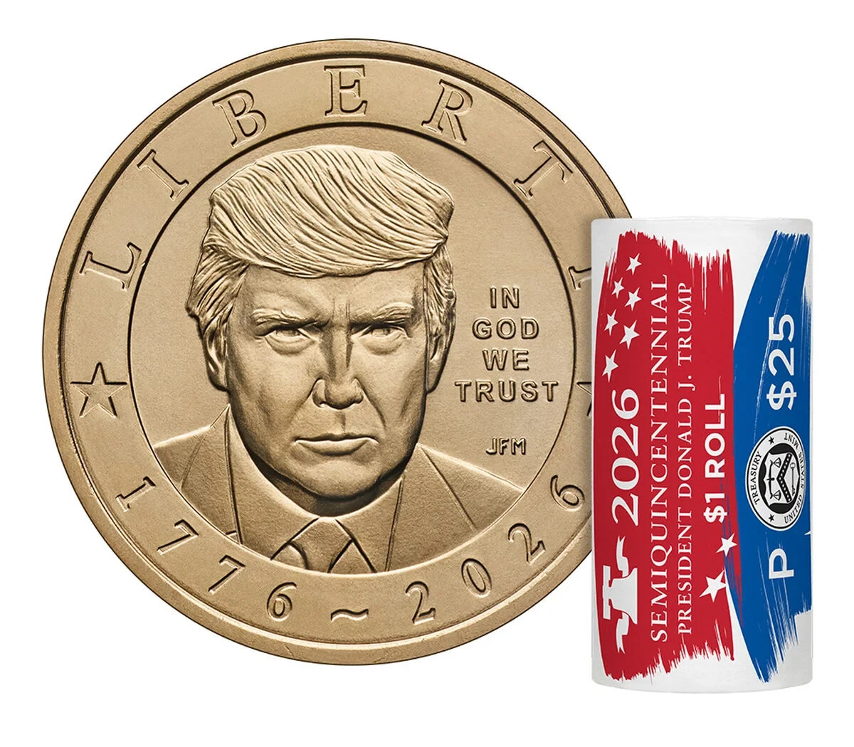 Semiquincentennial President Donald J Trump 2026 $1 Coin 25 ROLL FREE SHPPING