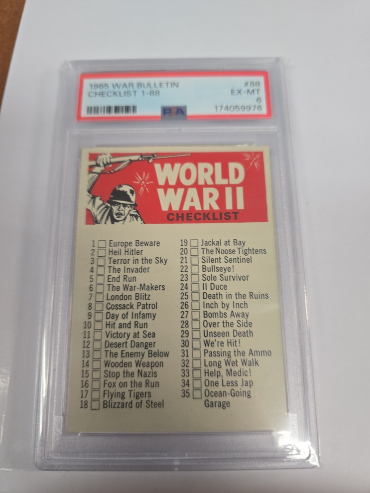 1965 WAR BULLETIN #88 CHECKLIST 1-88 PSA 6 