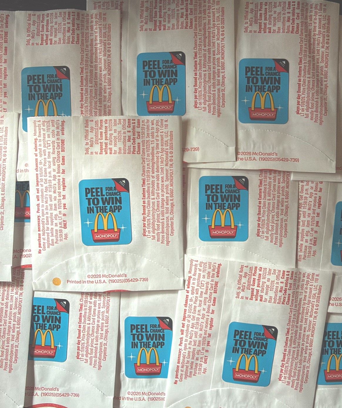 McDonald\'s 2026 Monopoly Game Unpeeled Pieces (Lot of 50)
