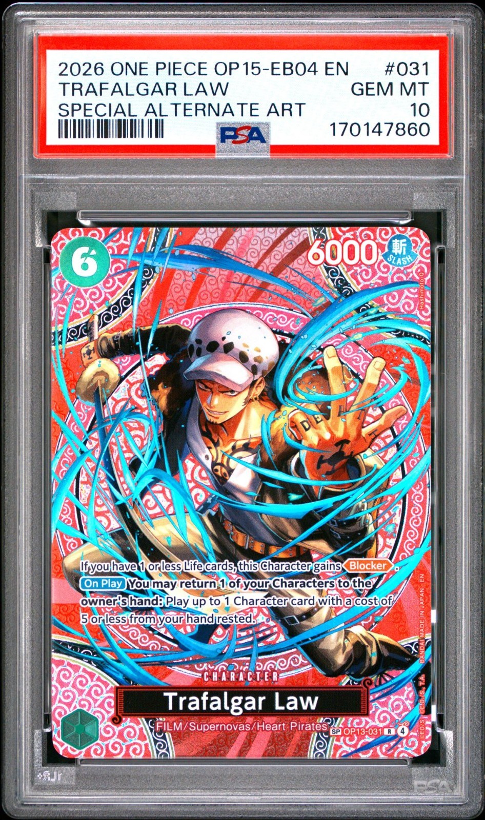2026 ONE PIECE OP15-EB04-ADVENTURE ON KAMI'S ISLAND #031 TRAFALGAR LAW PSA 10