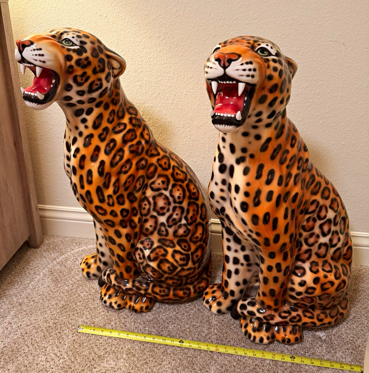 Pair Large Hand Painted Ceramic Leopard Figurines Glossy 36