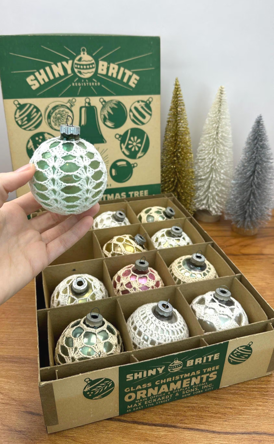 12 Shiny Brite  Christmas Ornaments - Unsilvered Vintage Crocheted -1940-1950's