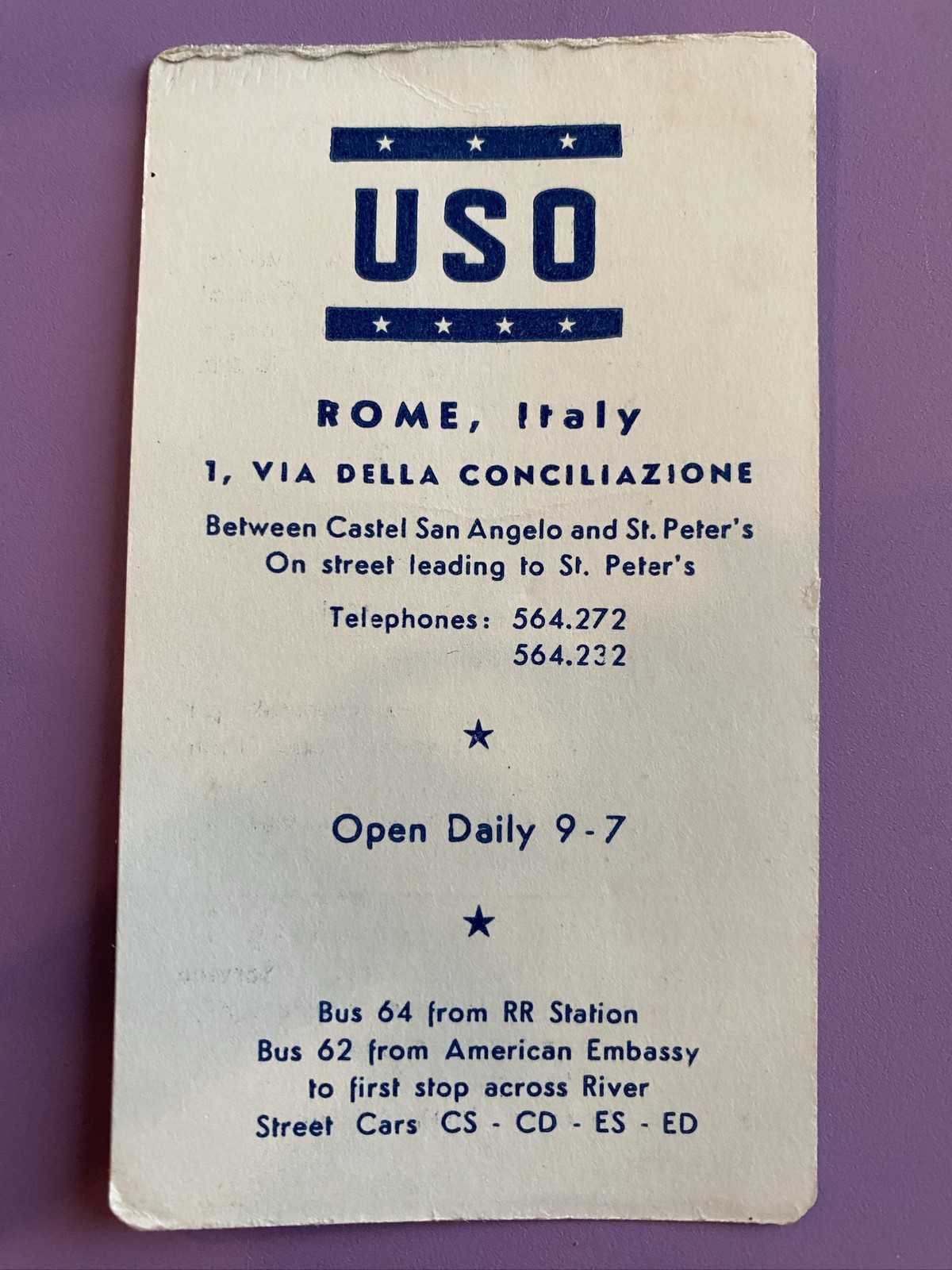 WWII Rome USO Club Services Card National Catholic Community Service 1944 Italy