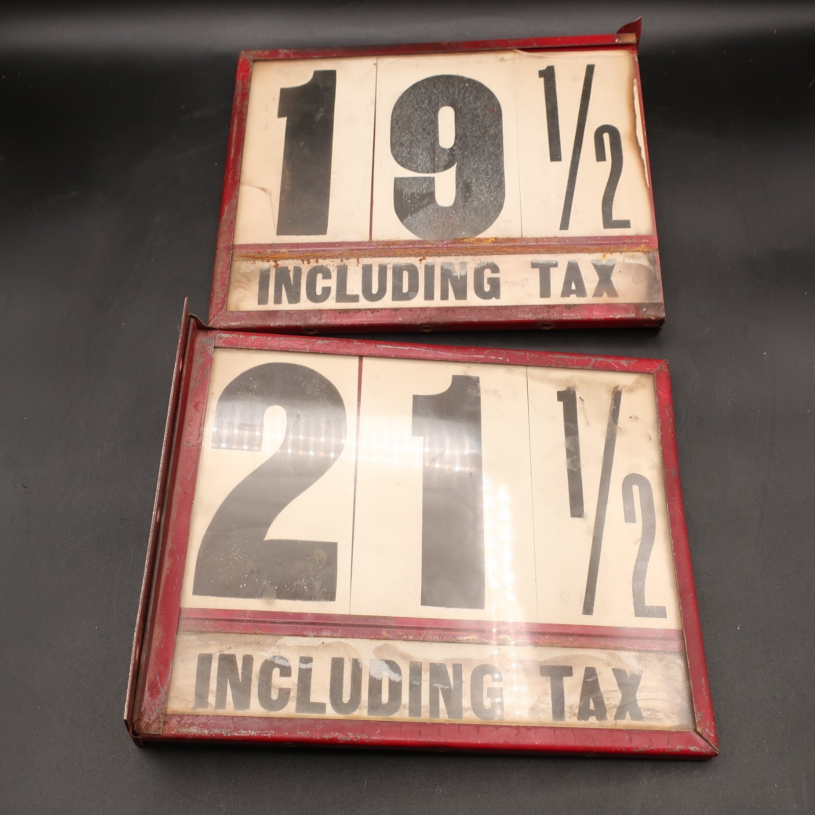 2x Antique Visible Gas Pump Pricer Sign Double Sided Glass Original - 1930s