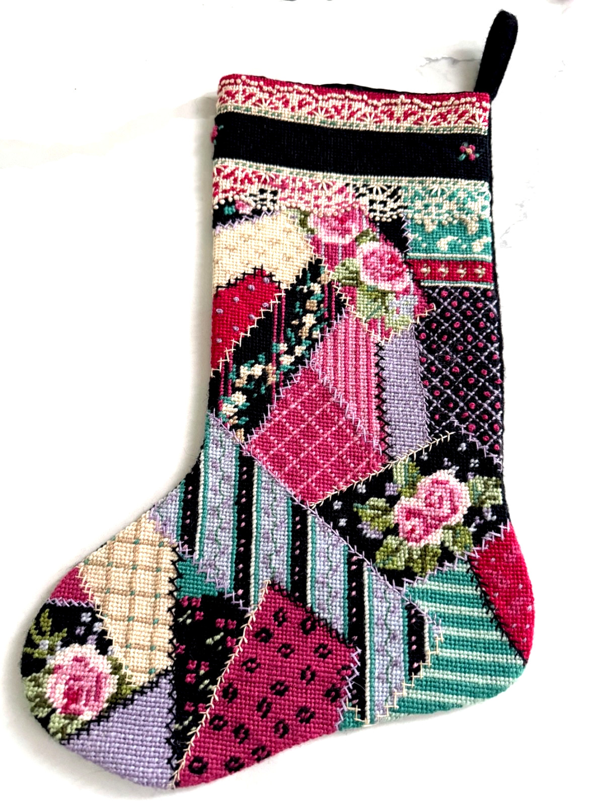 COMPLETED Victorian Crazy Quilt Needlepoint Christmas Stocking Finished