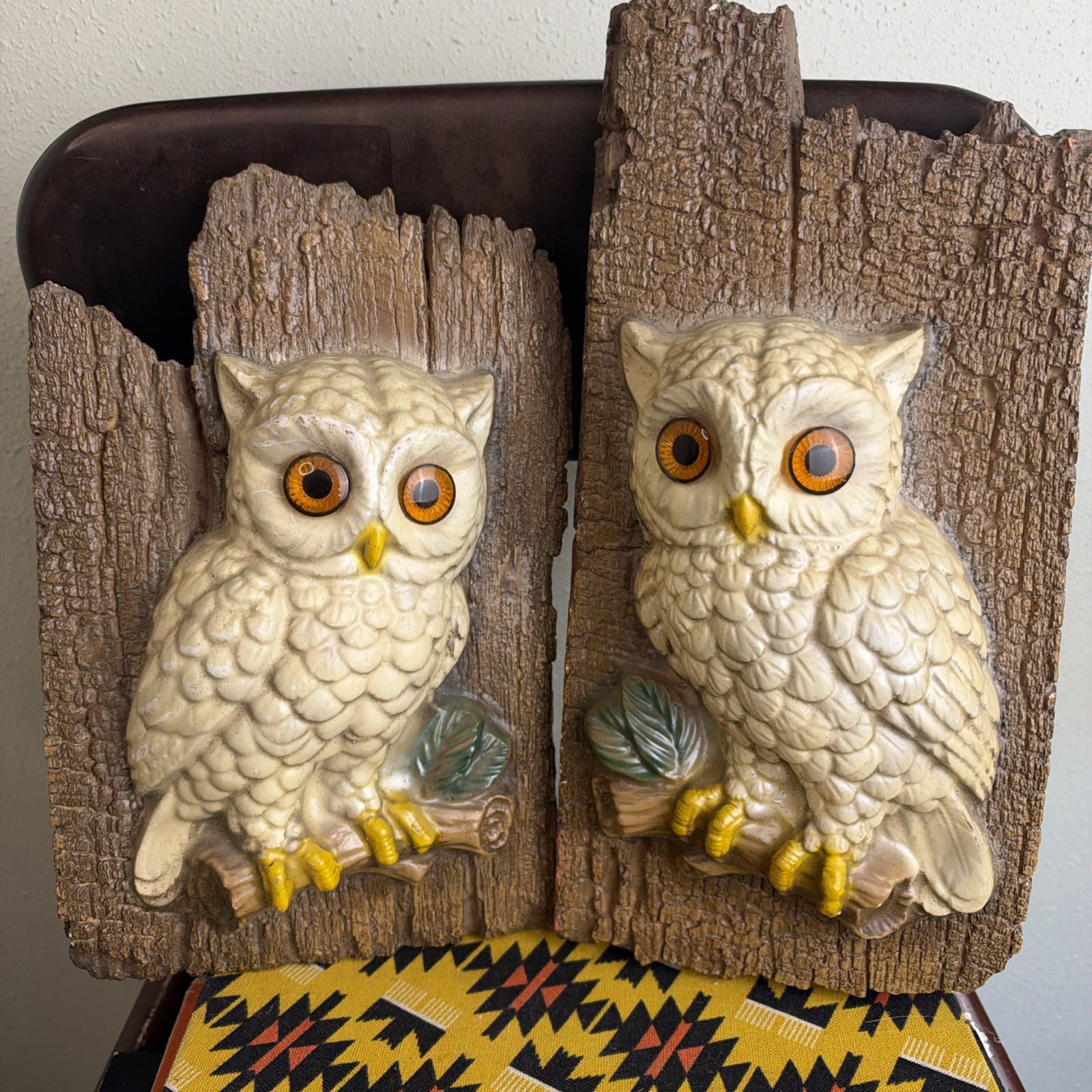 Vintage 1970s Owl Plaque Wall Hanging Set White Brown Ceramic Cottage Country