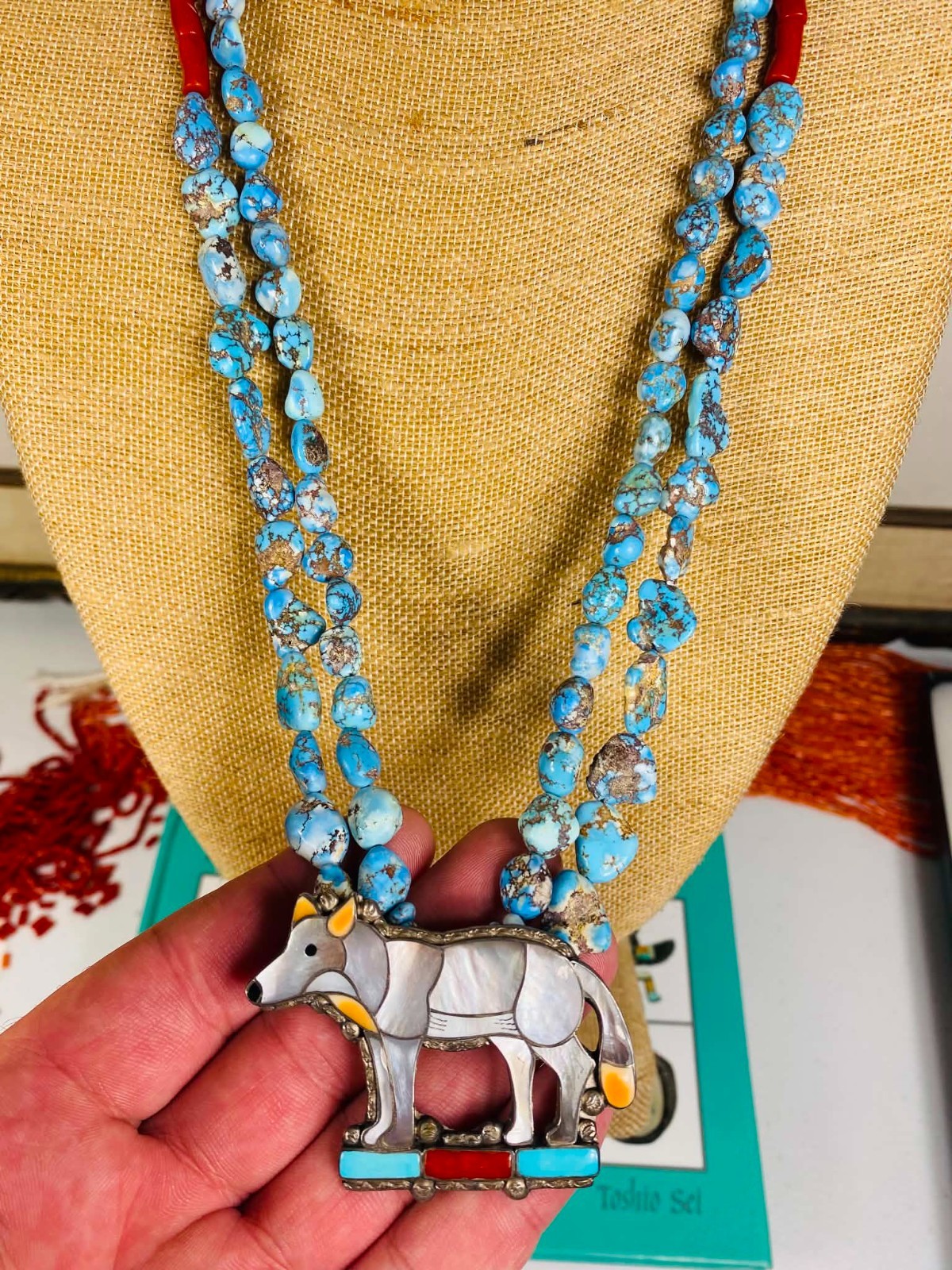 Rare Vintage Native American Zuni Porfilio Sheyka Turquoise Silver Wolf Necklace