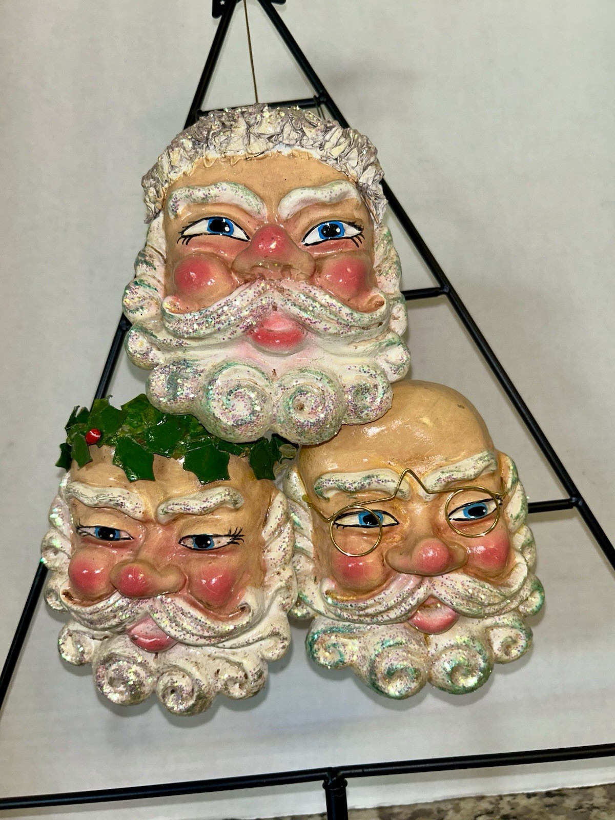 VTG Silvestri Santa Claus Face Mask Ornaments Set of 3 Taiwan Glitter Holly