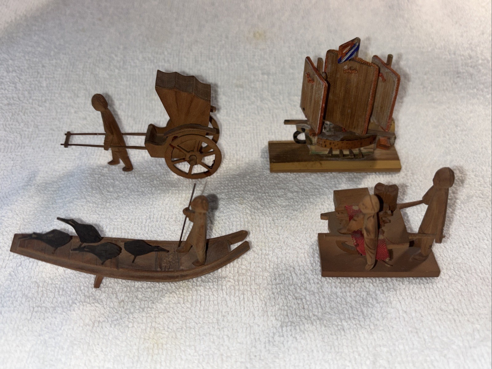 Vintage Antique Chinese Hand-Carved Wooden Figurines Rick Shaw Ship Cart Gondola
