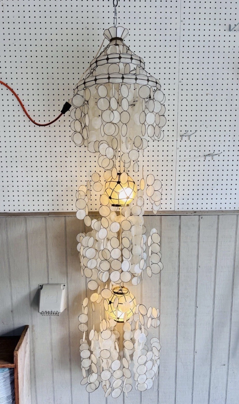 Vintage Capiz Shell 2 Light 3 Tier Chandelier Mid Century Modern Spiral Gold