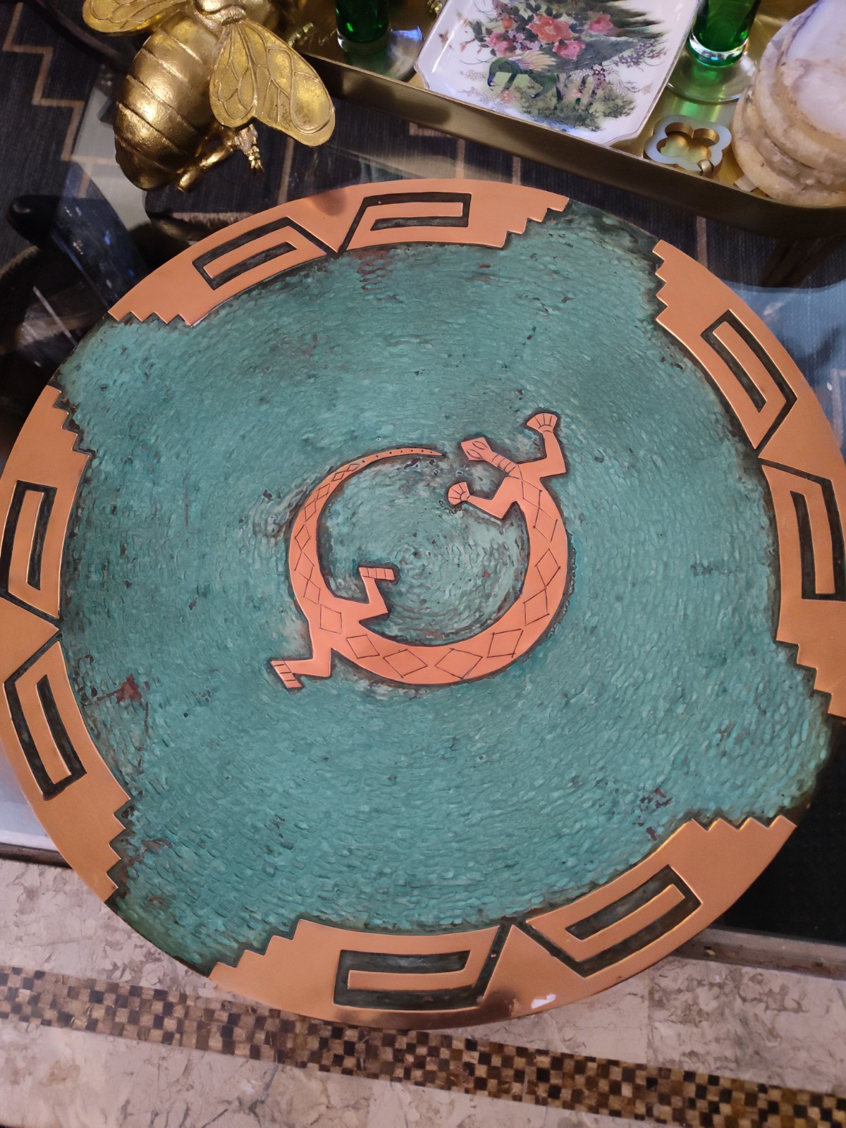 vintage Southwestern-style copper and turquoise patina gecko medicine wall plate