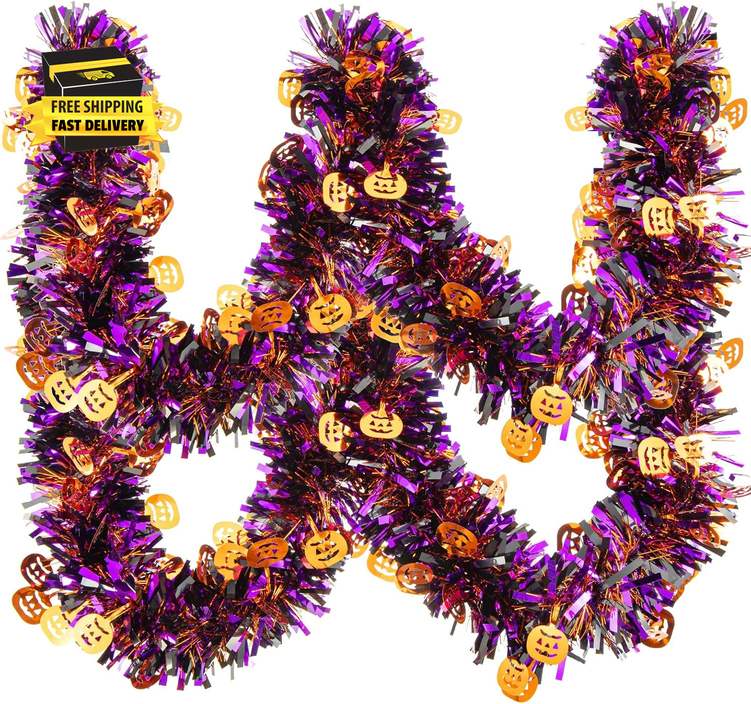 33FT Halloween Tinsel Garland, Pumpkin Metallic Twist Foil Tinsel Garland Pumpki