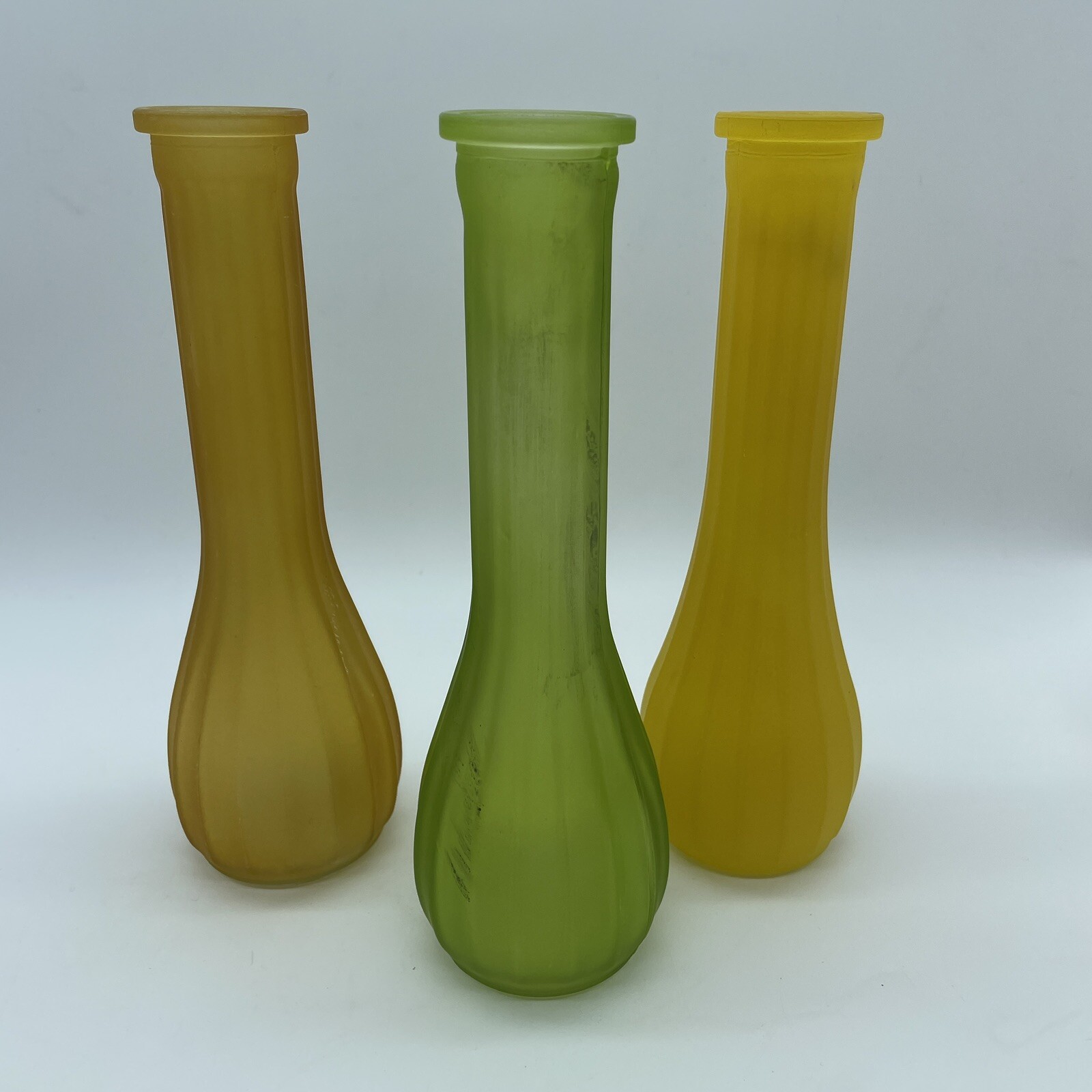 Vintage Frosted Glass Vases 9” Set Of 3 *Green has some marks on one side