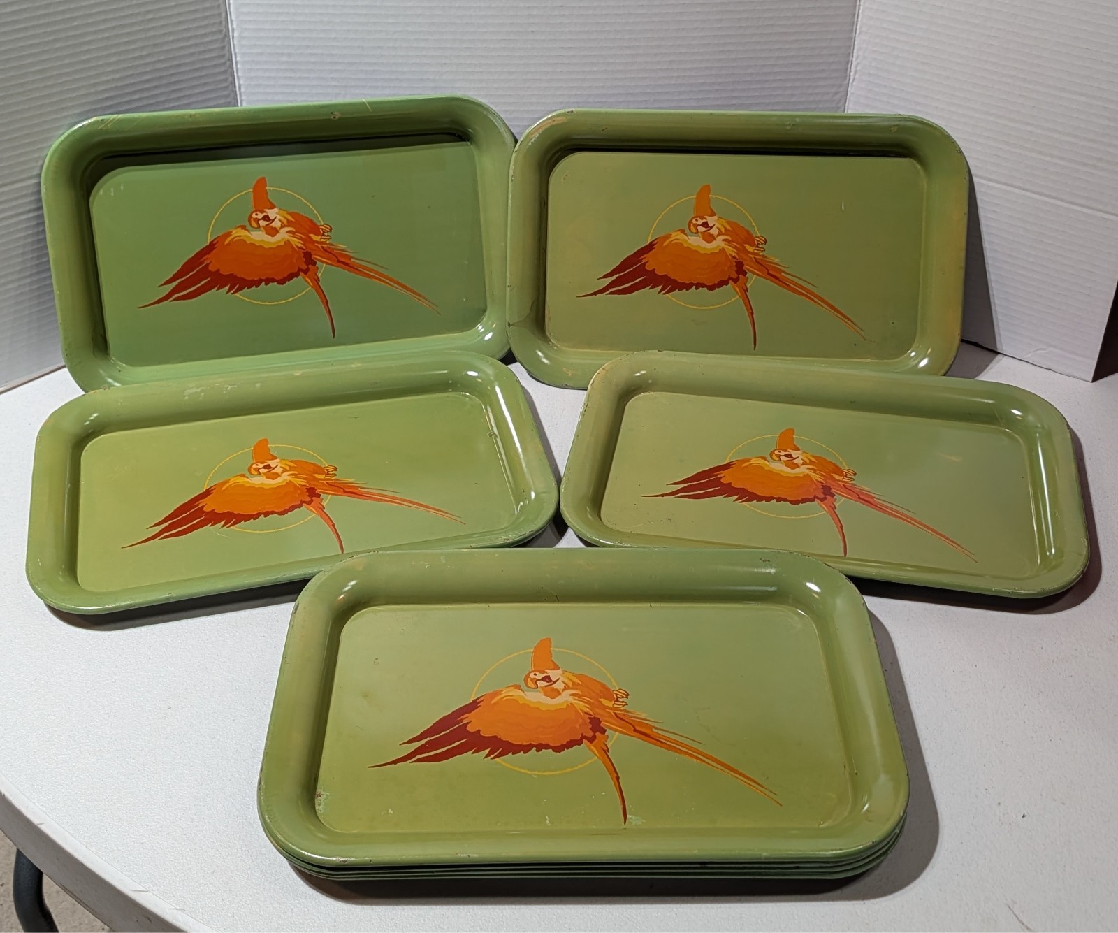 VTG 1950\'s Toleware Tole Orange Parrot Metal Serving Trays 9\