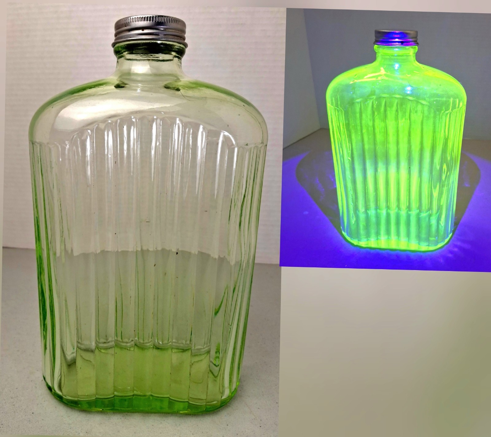 Vintage 1920s Anchor Hocking Ribbed Uranium Glass Water Fridge Bottle Depression