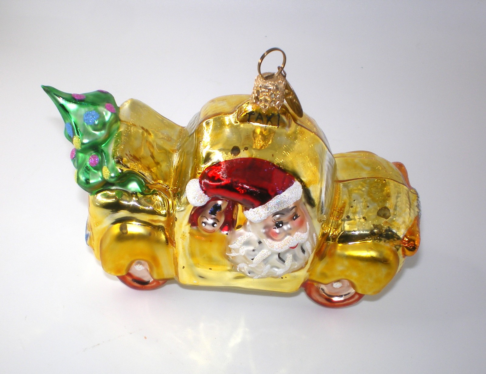 Vintage Christopher Radko LITTLE TREE TAXI w/Santa Glass Christmas Ornament 4.5\