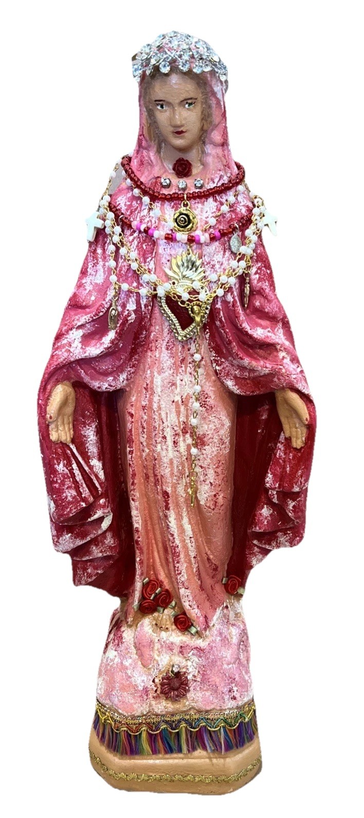 Virgin Mary  16”Statue,  W/Rosaries Charms . Pink , Red Shabby Chic