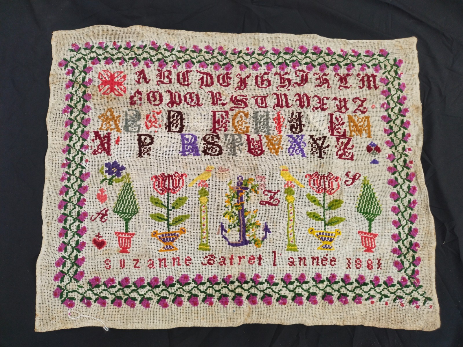 Vintage 1881 Needlework Sampler Alphabet Anchor Flowers Handmade French Textile