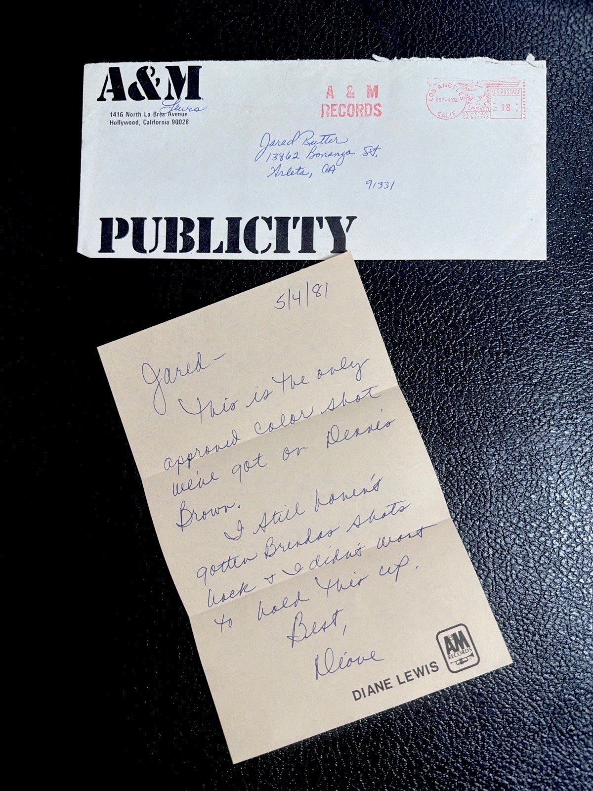 Vintage 1981 A&M Records Diane Lewis Signed Handwritten Note & Envelope Lot