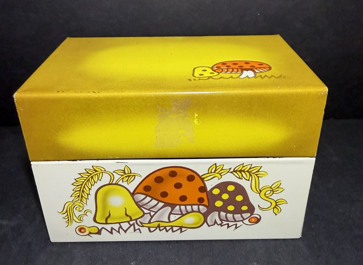 Vintage 1970s MERRY MUSHROOM Tin Recipe File Box Mustard by Syndicate Mfg Co